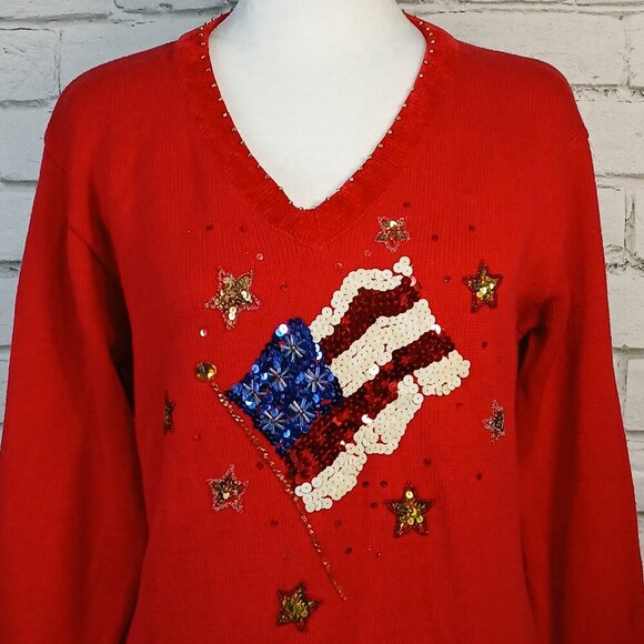 WOMENS VINTAGE QUACKER FACTORY PATRIOTIC SEQUIN FLAG SWEATER, SMALL - Picture 5 of 12